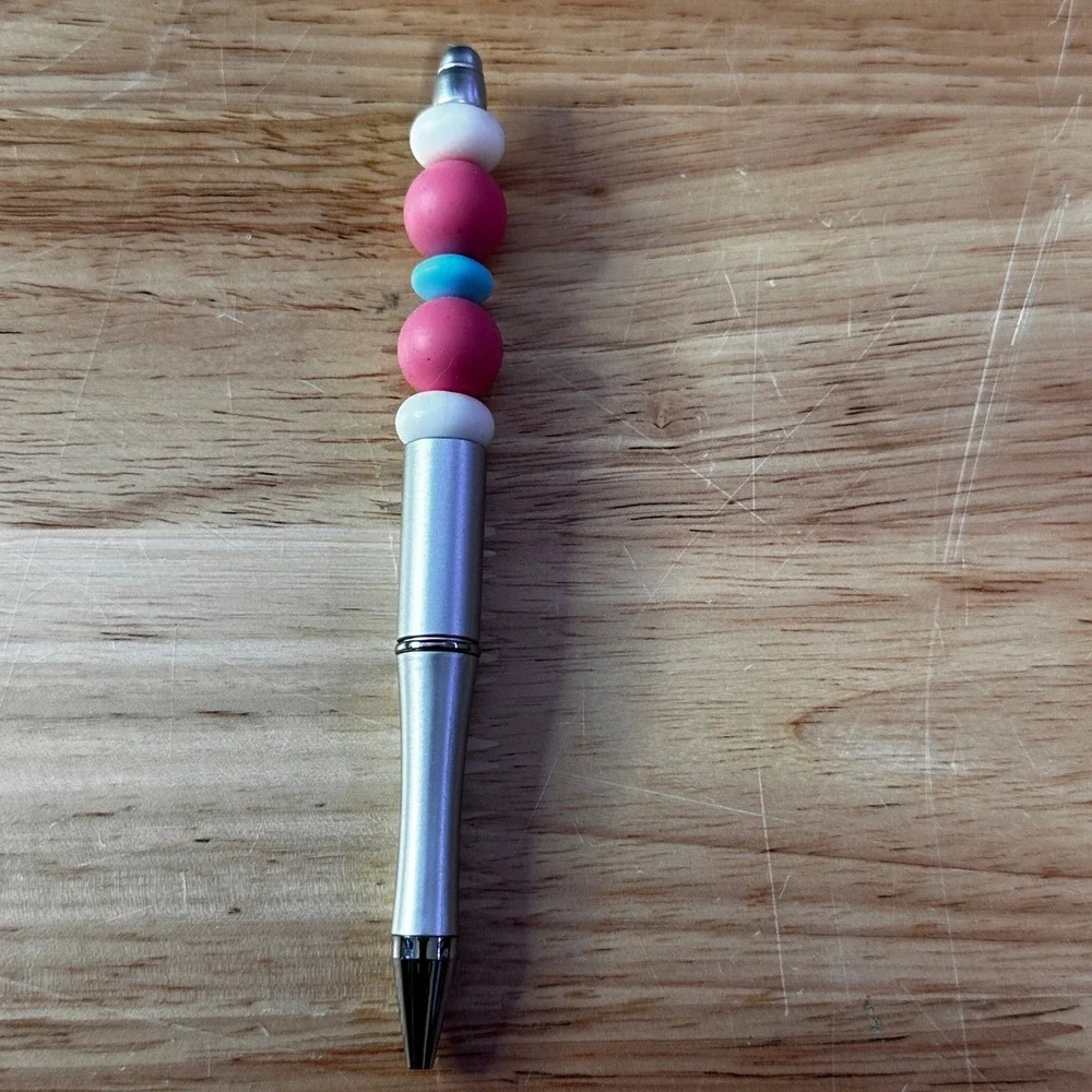 Silver Beaded Ballpoint Pen Pink‎ Blue White Silicone Beads Handmade Stationery